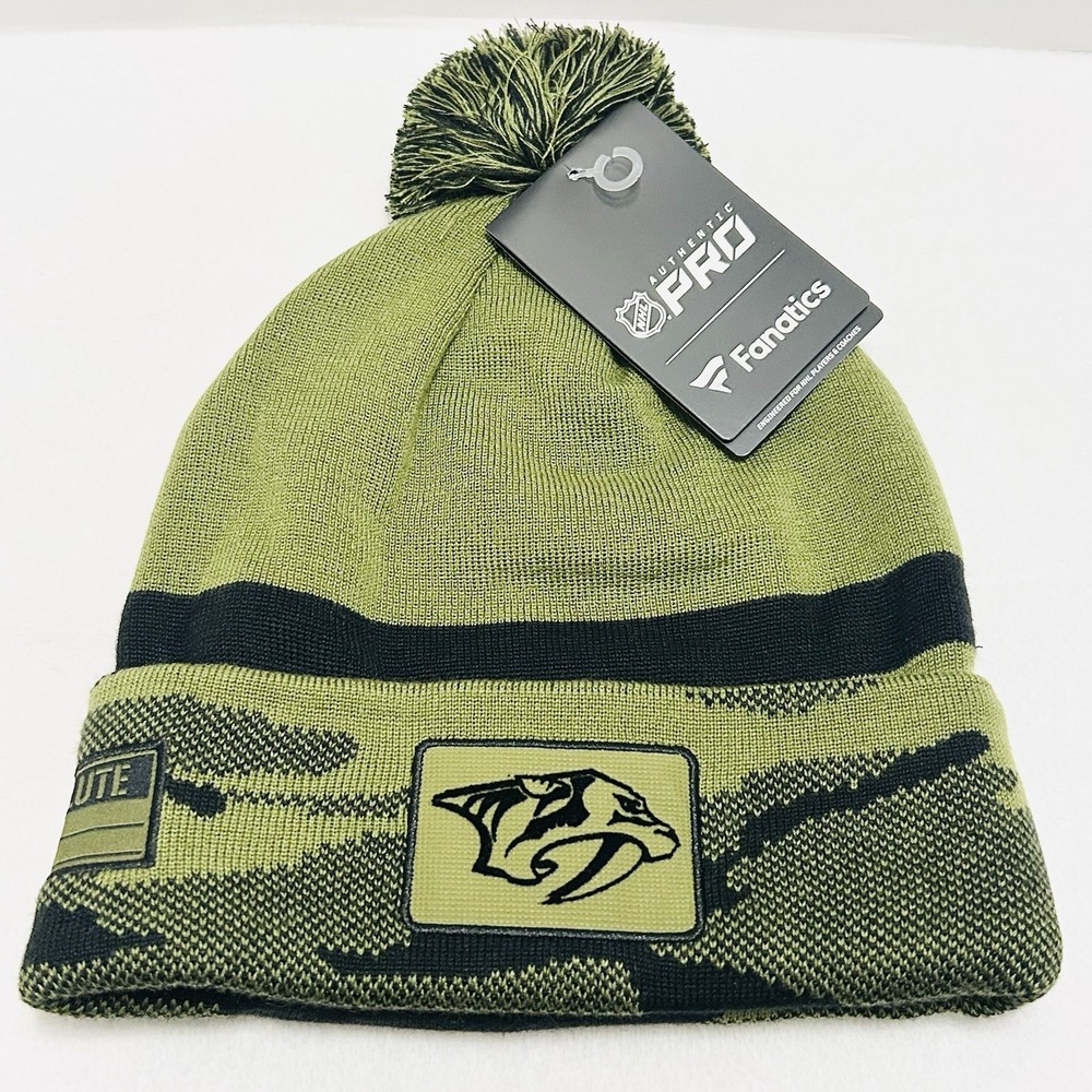 Fanatics Nashville Predators Military Beanie Hat Cap Pom Cuffed Knit Green NHL